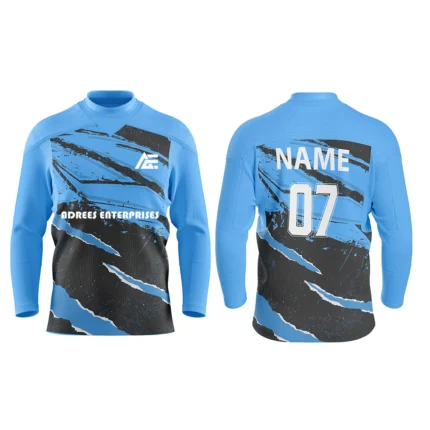 Custom ice hockey jersey in blue with claw-like design and Adrees Enterprises branding, front and back views.