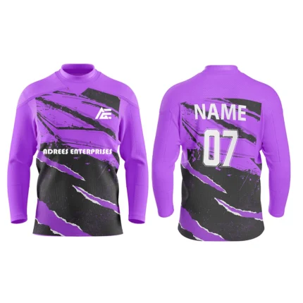 Custom ice hockey jersey in purple with claw-like design and Adrees Enterprises branding, front and back views.