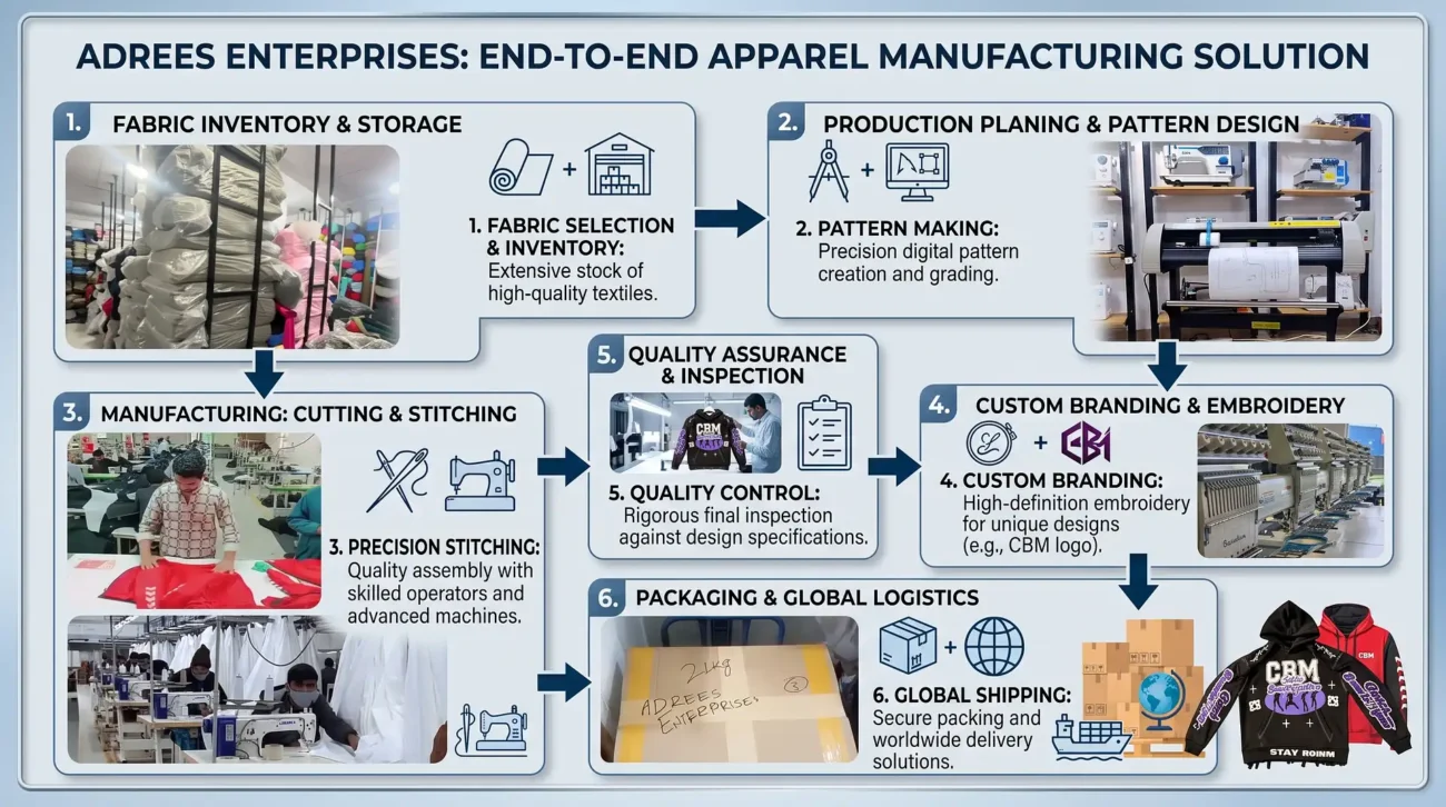 Custom hoodie manufacturing process from fabric selection to shipping