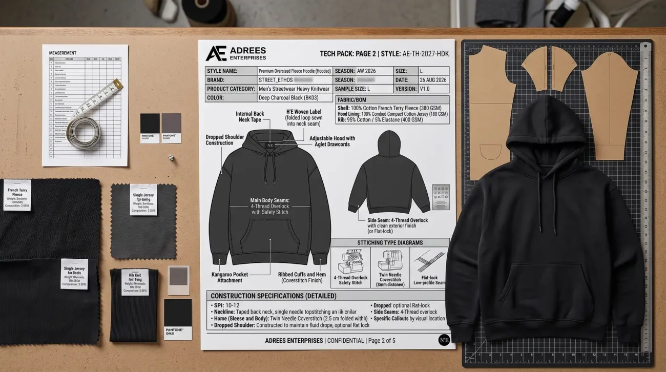 Hoodie tech pack and finished garment development