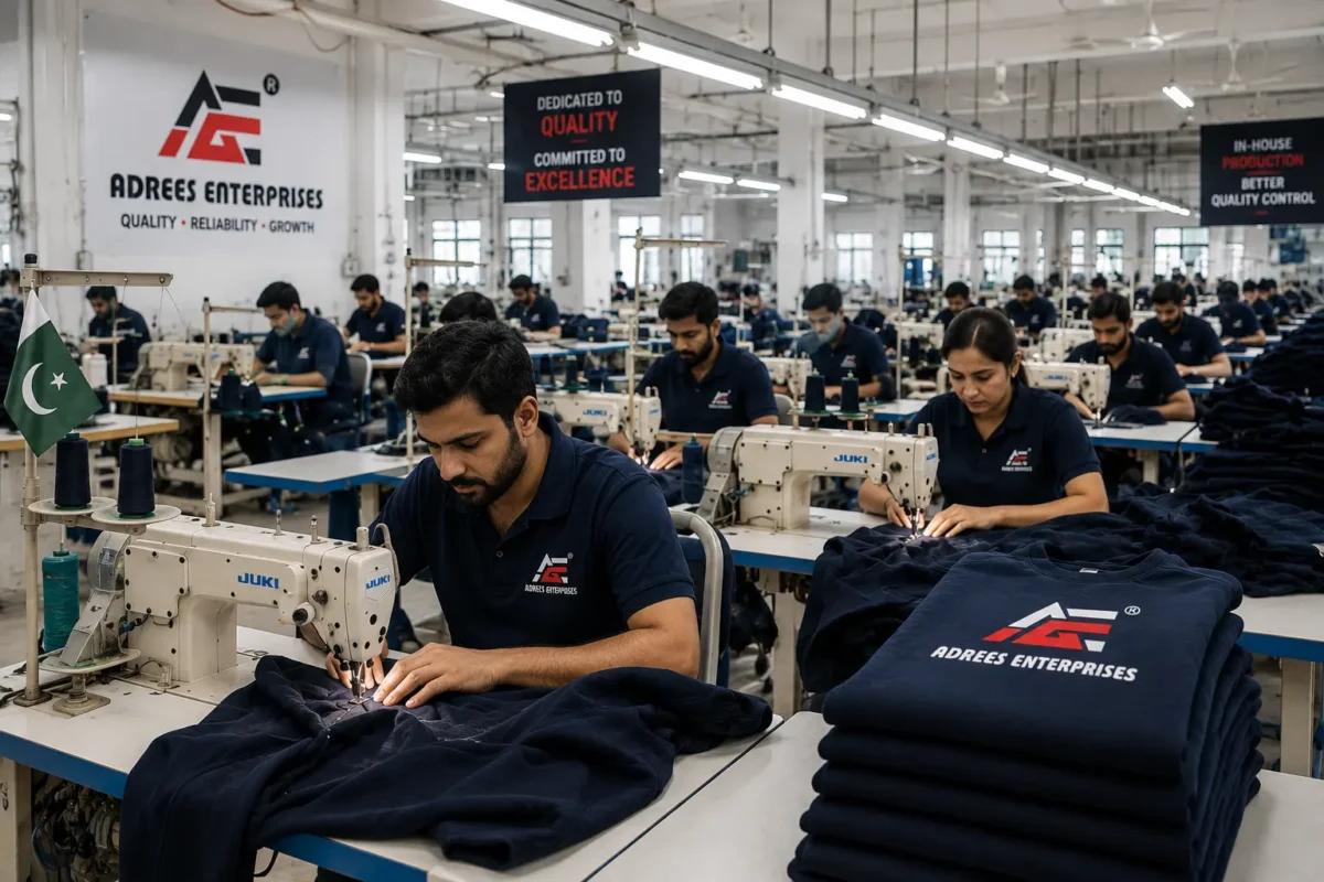 Workers sewing custom hoodies in a modern clothing factory in Adrees Enterprises
