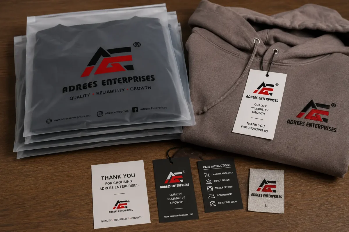Private label clothing packaging with custom tags and polybags From Adrees Enterprises Custom Clothing Manufacturer