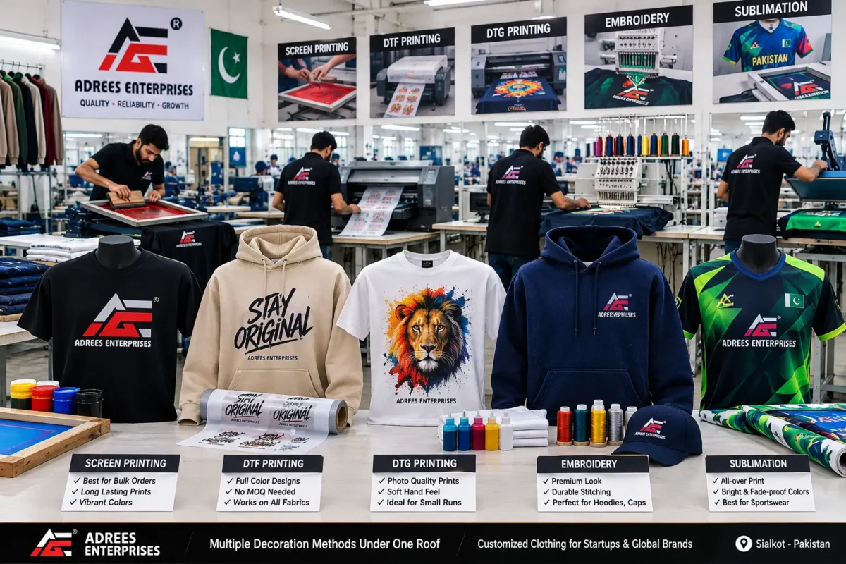 Comparison of screen printing DTF DTG embroidery and sublimation From Adrees Enterprises Custom Clothing Manufacturer