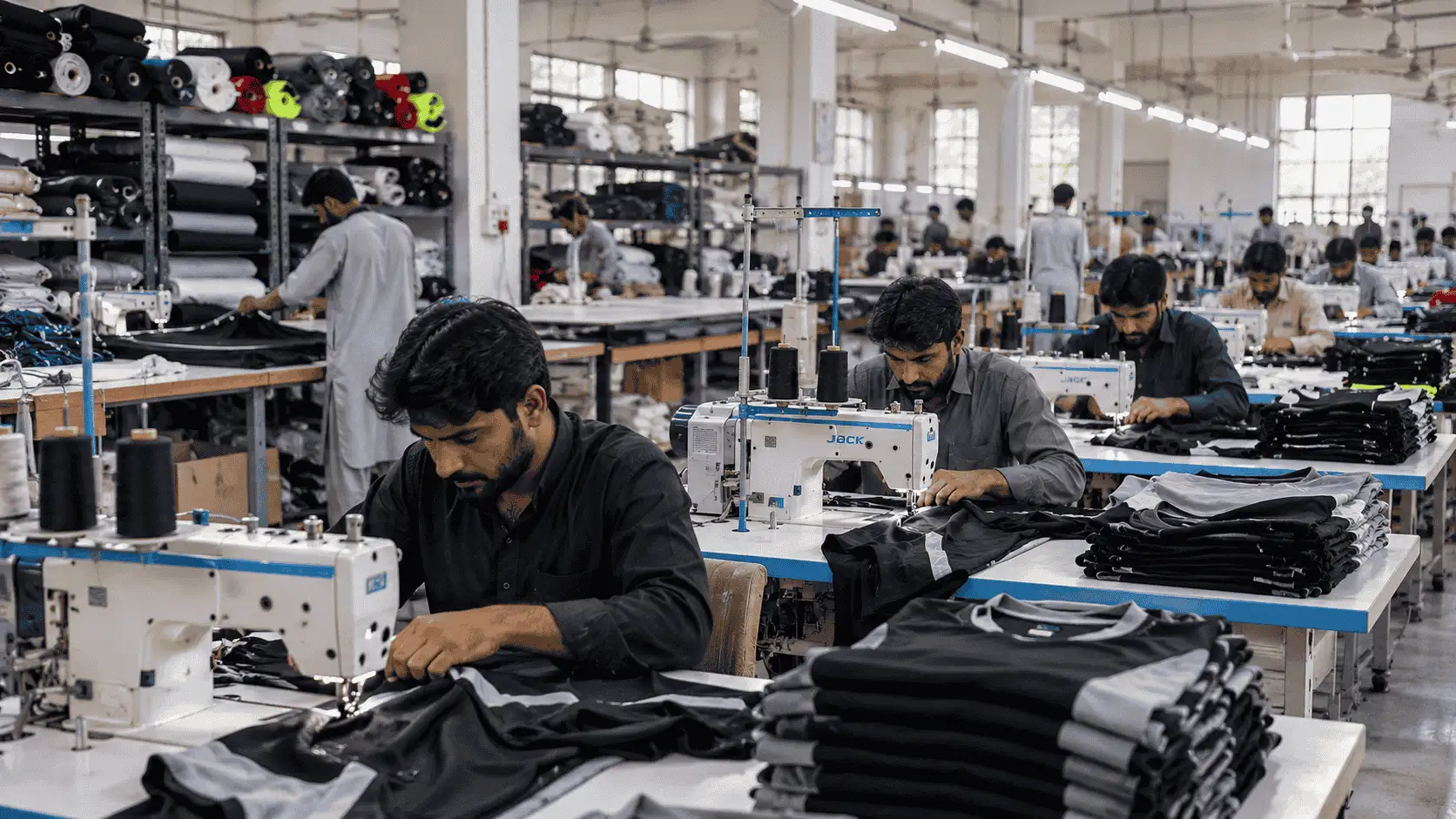 Modern sportswear manufacturing facility in Sialkot Pakistan with industrial sewing production lines