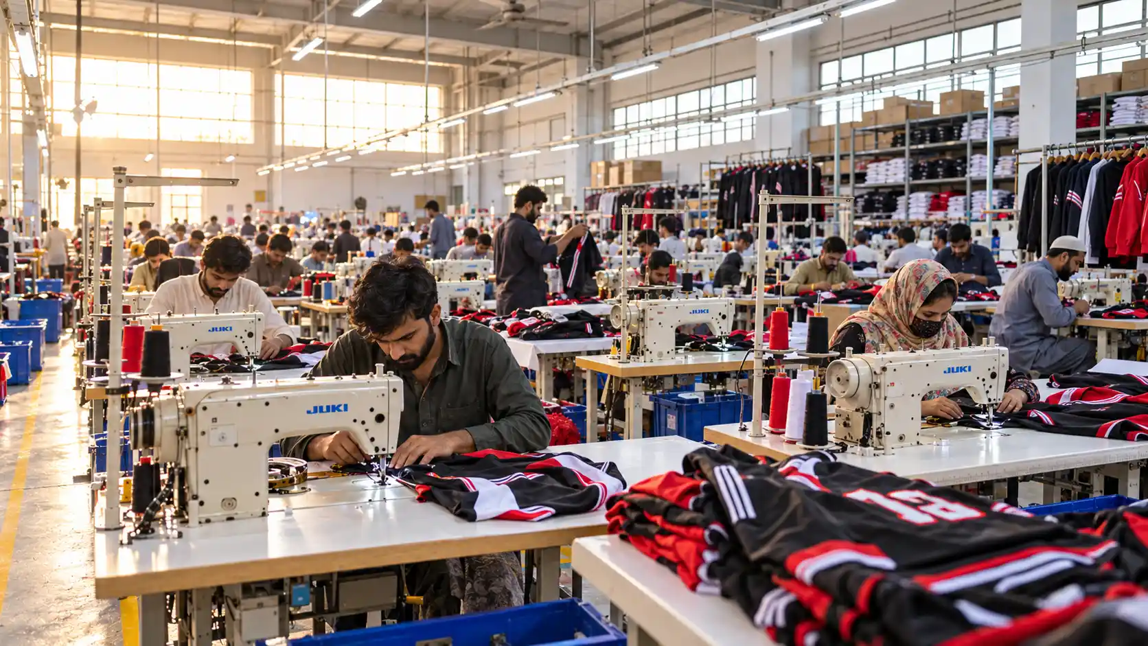 Modern sportswear production floor in Sialkot Pakistan assembling bulk athletic wear for export