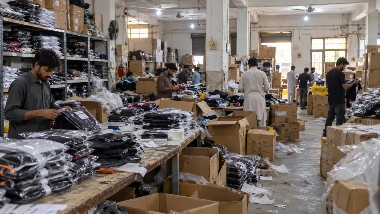 Export packaging department packing bulk sportswear orders into cartons for US UK shipping