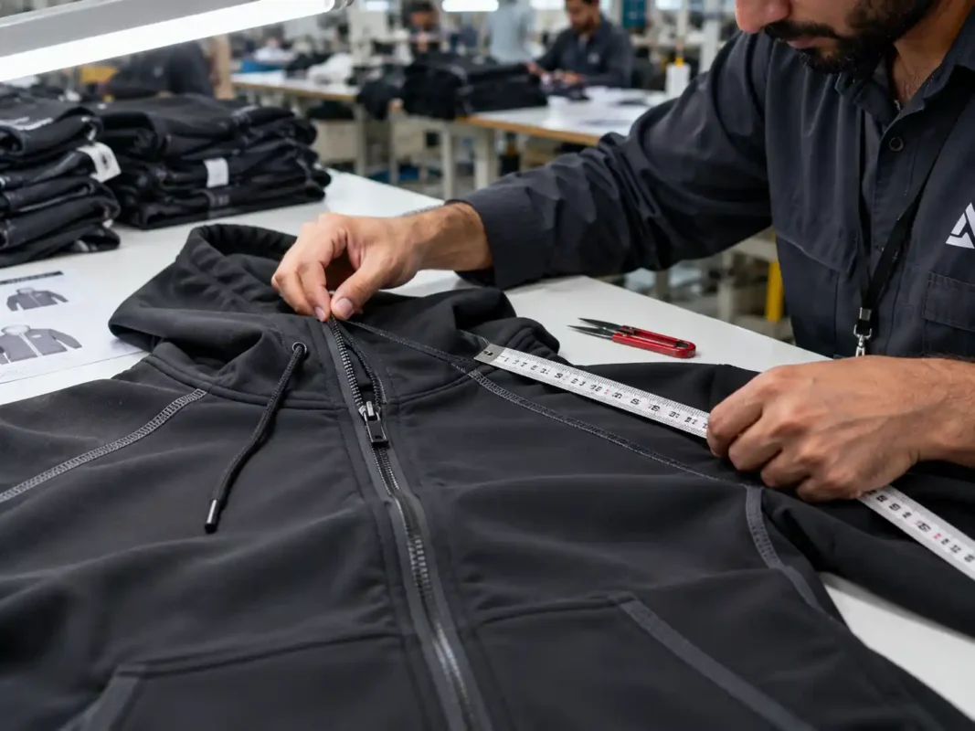 Garment quality control inspector measuring seam tolerance on custom athletic hoodie