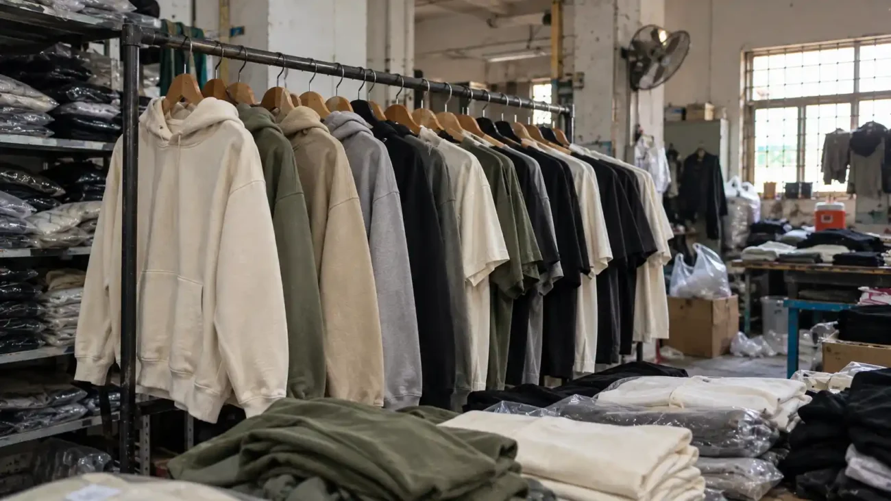Finished custom organic cotton hoodies and apparel on hangers with sustainable brand hangtags