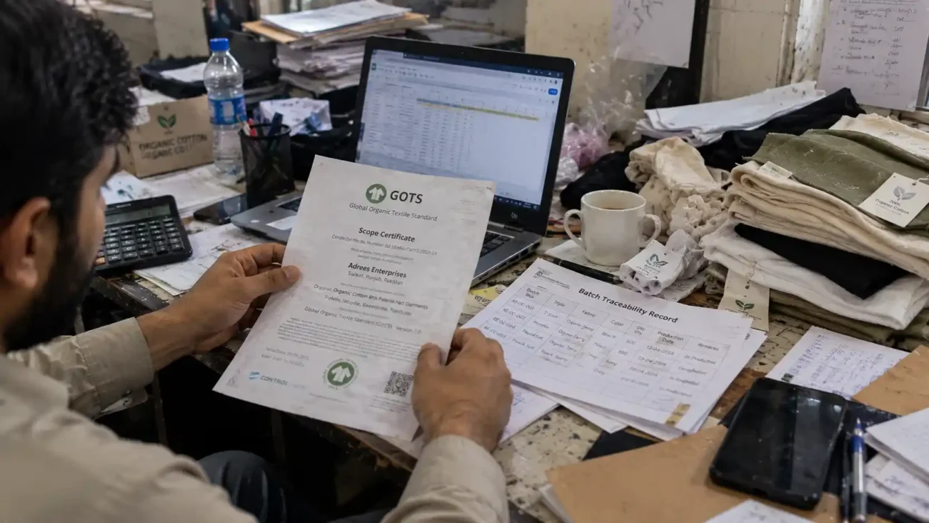 Garment compliance officer verifying GOTS scope certificate and supply chain traceability documents