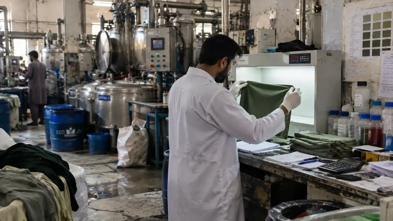 Textile lab technician checking colorfastness of eco-friendly dyed organic cotton fabric