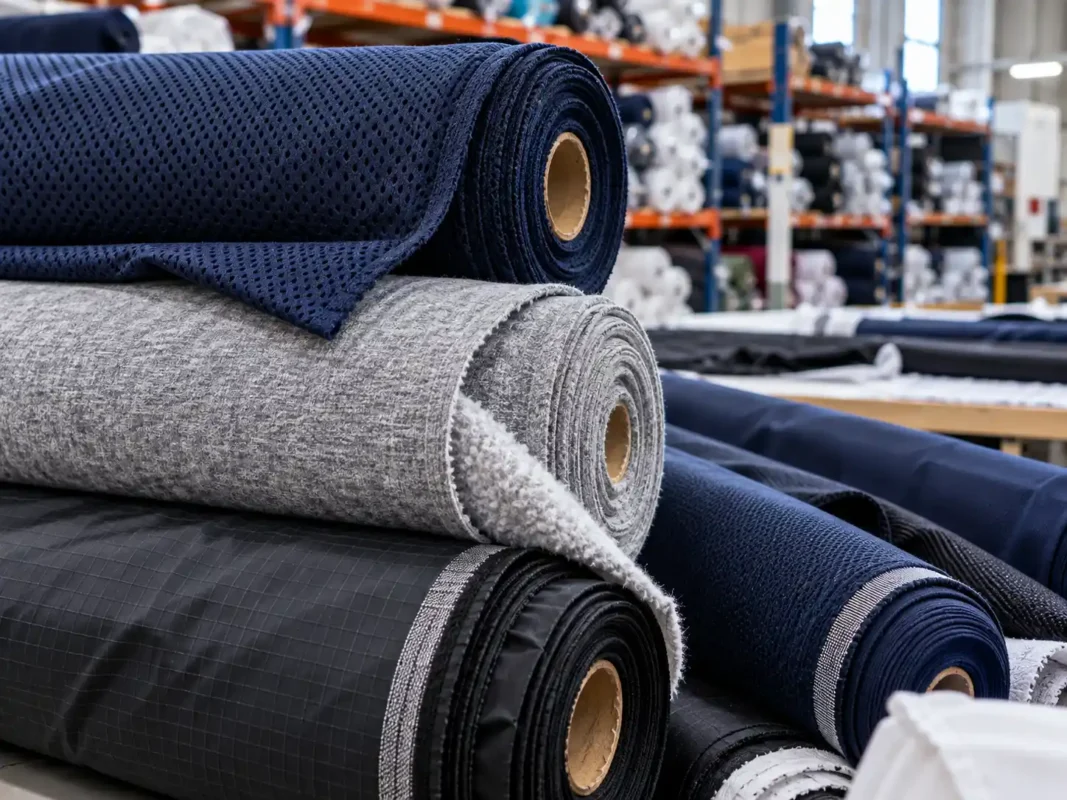 Close-up texture of moisture-wicking and organic knit sportswear fabrics in textile warehouse